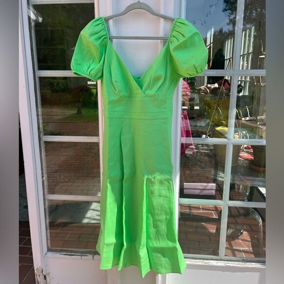 J Crew Puff Sleeve V-Neck Midi Stretch Linen Dress NWT - Picture 5 of 11